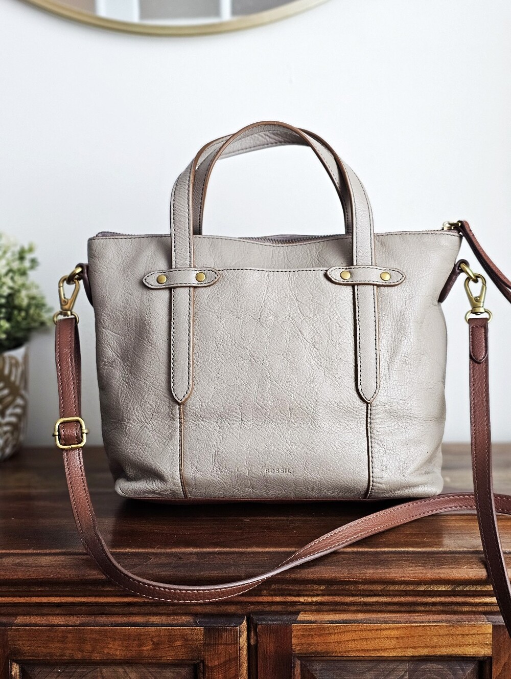 Fossil Felicity Genuine Leather Satchel Crossbody Shoulder Bag Taupe Brown
